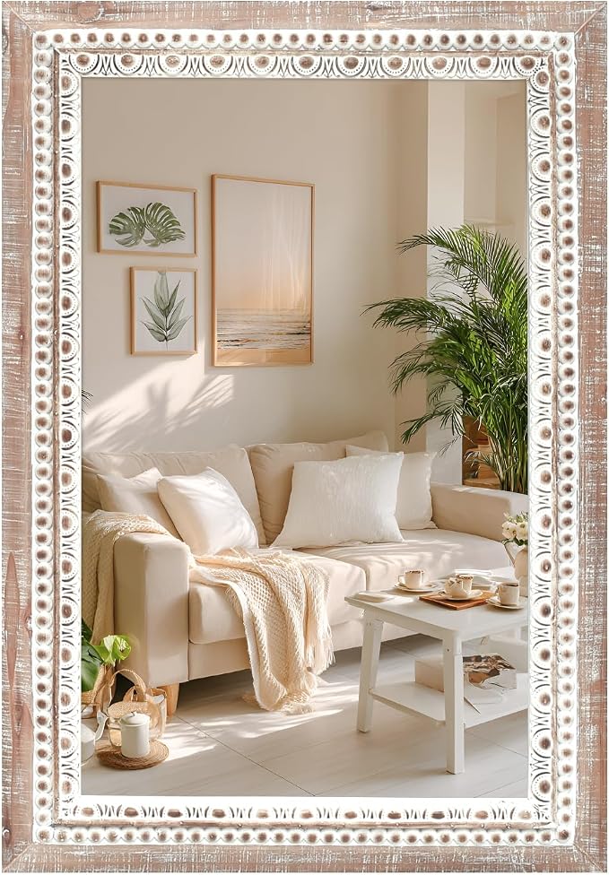 24'' Rectangular Wall Mounted Mirror, Wood Decorative Mirrors, Boho Mirrors with Beaded Frame, Rustic Vanity Mirror, Distressed Mirror for Bathroom, Living Room, Bedroom, Entryway