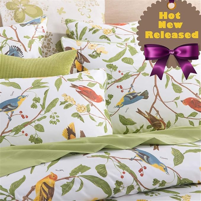 Brandream Duvet Quilt Cover Queen Size, Country Style Bedding Set Colorful Floral Branches Drawing of Summer Blossoms (Queen,Green)