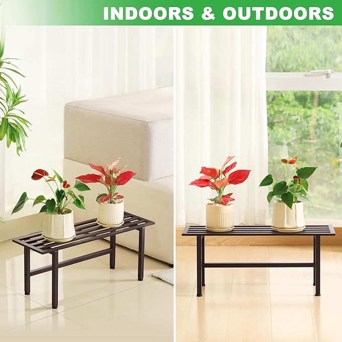 Dipion 2 Pack Metal Plant Stand Outdoor Plant Shelf Indoor,1 Tier Heavy Duty Plant Stands for Multiple Plants,26" L x 10.12" H x 8.75" W,Coffee