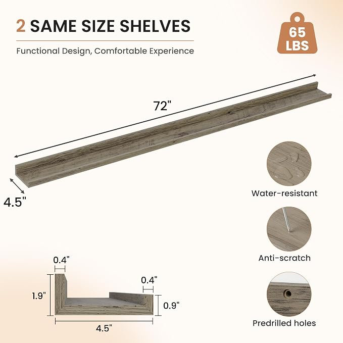 Dreamland Picture Ledge Shelf for Wall, Floating Shelves Set of 2,72 inch Long Floating Shelves with Lip for Living Room,Bedroom,Bathroom,Kitchen,Grey