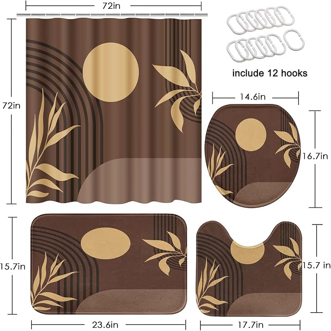Boho Mid Century Shower Curtain Set with Toilet Lid Cover and Non-Slip Rugs, Abstract Geometric Brown Background 4 Pcs Modern Minimalist Vintage Shower Curtain for Bathroom Set with 12 Hooks