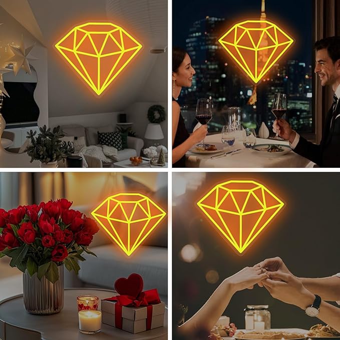 Diamond Neon Sign for Wall Decoration, Glowing Neon Sign, Adjustable Brightness Shining LED Sign Night Light for Man Cave Bedroom, Wedding, Living Room, Party, Bar, Office Decoration-Gold