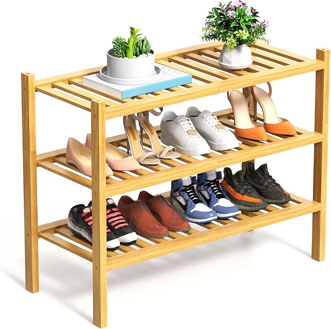 RONGJlA 3 Tier Bamboo Shoe Rack for Closet Free Standing Wood Shoe Shelf Storage Organizer for Entryway Small Space Stackable, Natural