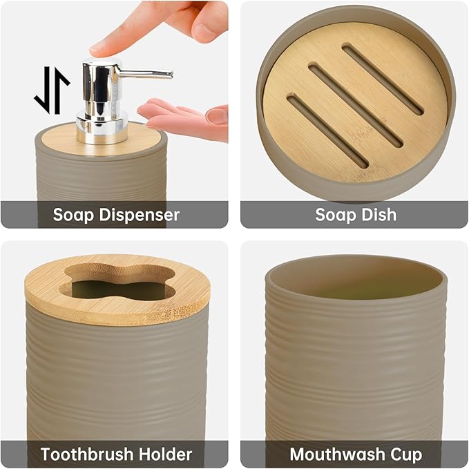 4 Pieces Bamboo Bathroom Accessories Set, Bathroom Accessory Set with Soap Dispenser and Toothbrush Holder, Soap Dish and Toothbrush Cup, Boho Bathroom Decor(Beige)