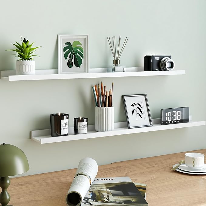 White Floating Shelves for Wall Decor, Long Wall Mounted Storage Shelf for Bedroom, Living Room, Bathroom, Kitchen, Nursery, Display Picture Ledge Shelf with Lip Set of 2-36 Inches, White