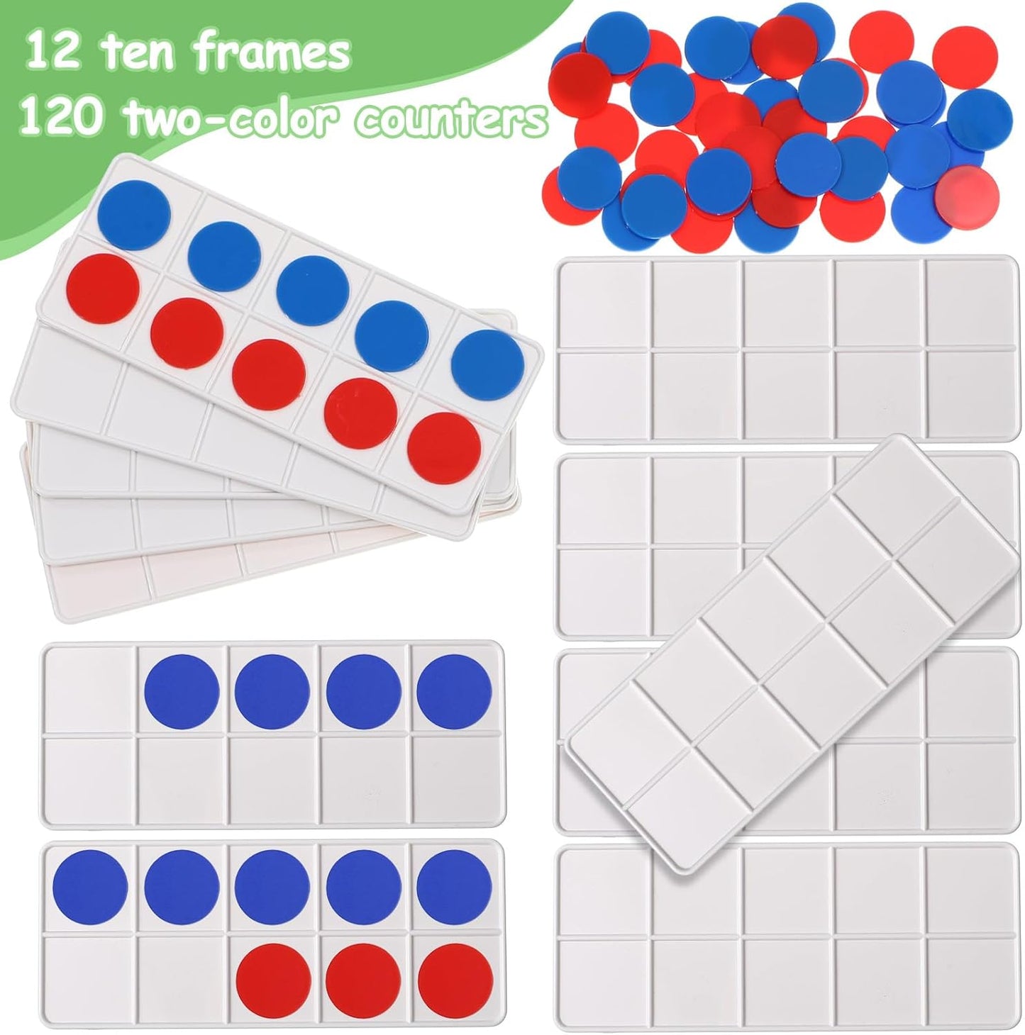 Soulchen 12 Sets Plastic Ten Frames - Essential Math Manipulatives for Kids | Includes 120 Red & Blue Counters