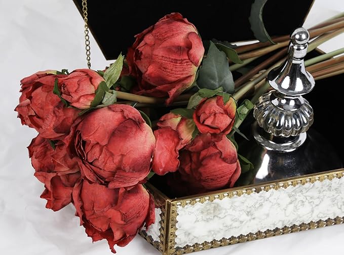 IPOPU Red Peonies Artificial Flowers 2 Bouquets Silk Peonies with Stems Real Look 14PCS Fake Red Flowers Centerpieces for Tables Wedding Bouquet Faux Flowers Crafts Floral Arrangement