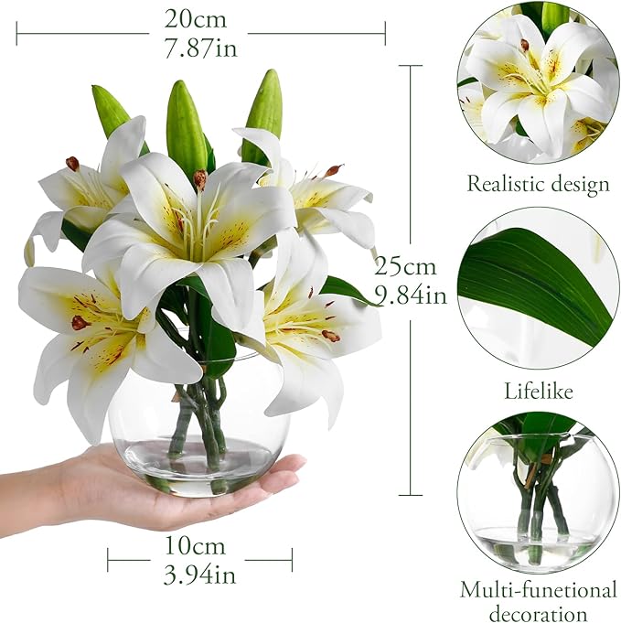 Artificial Flowers Tiger Lily Arrangement in Glass Vase Real Touch Silk Flowers White Lilies with Faux Water for Office Home Table Wedding Decor
