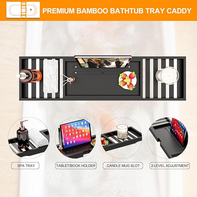 Bathtub Tray Black - Bath Tray Expandable - Bath Table Trays for Bathtub/Tub,Premium Bamboo Wooden, Fits Most Bath Tubs