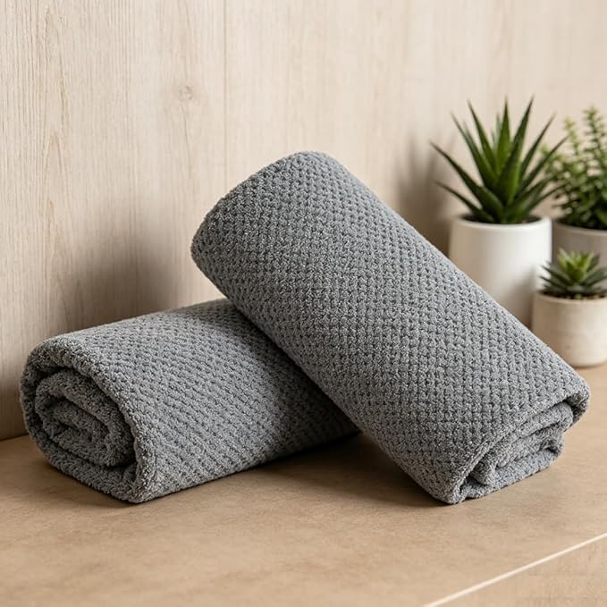 2 Pcs Gray Hand Towel Set 16"x31" Soft Highly Absorbent Quick Dry Bathroom Towels Polyester Plush Towels Set Woven Towels for Bathroom Kitchen Hotel Spa Gym
