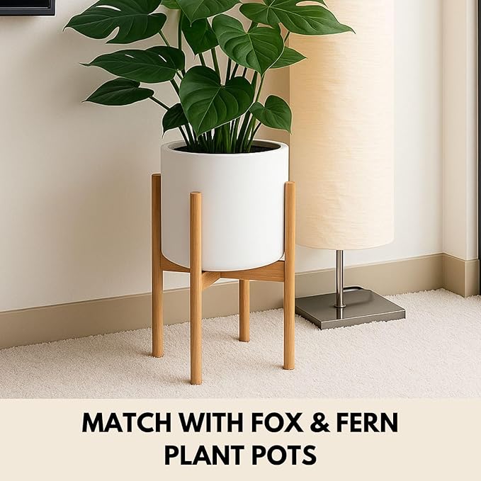 Fox & Fern Adjustable Plant Stand Indoor — 8 to 12 Inch Mid Century Bamboo Plant Stand with Adjustable Width - Plug In Design - Easy to Assemble - Two Heights - For 8, 9, 10, 11 & 12 Inch Pots
