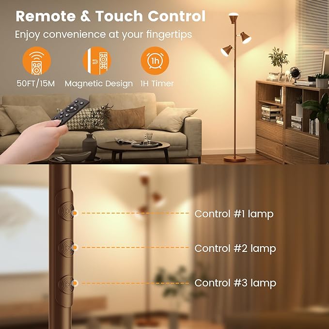 SIBRILLE 36W LED Tree Floor Lamp, Dimmable Tall Standing Lamp with Remote & Touch Control, 4 Color Temperatures Bright Floor Lamp, 3 Rotatable Light Modern Floor Lamps