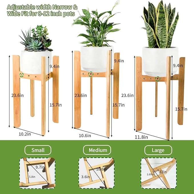 MAVOTER Adjustable Plant Stand Indoor,23.6" Tall Bamboo Mid Century Modern Plants Stands Fits 8-12 Inch Pots,Stable Single Floor Corner Flower Pot Holder for Living Room, Balcony
