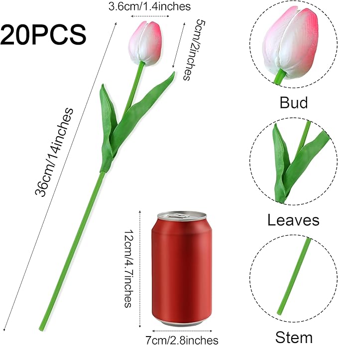 20pcs Pink Tulips Artificial Flowers Fake Silk Tulips Real Touch Flowers for Spring Kitchen Wedding Home Decor Arrangements Easter Decor 14 Inch