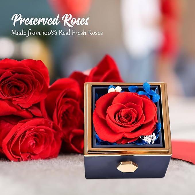 Forever Rose Gifts for Her,Preserved Real Red Flowers Rotating Box with I Love You Necklace 100 Languages,Mothers Day Eternal Rose Rotating Jewelry Box Gifts for Women Mom Wife Girlfriend
