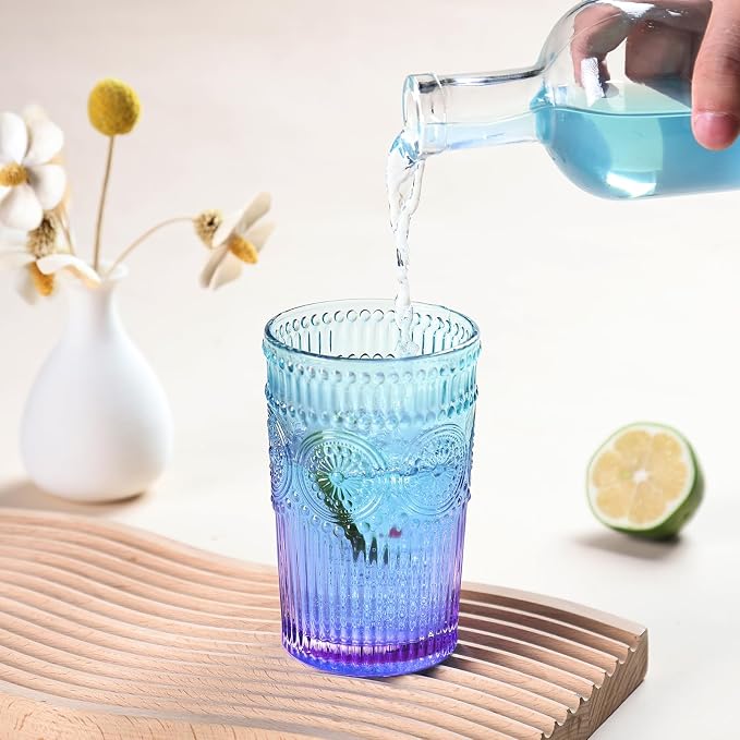 Loivttvv 6pcs Vintage Drinking Glasses Set, 12 oz Glass Cups, Embossed Ribbed Glassware Drinking Glasses for Cocktail, Water, Juice, Coffee, Whiskey