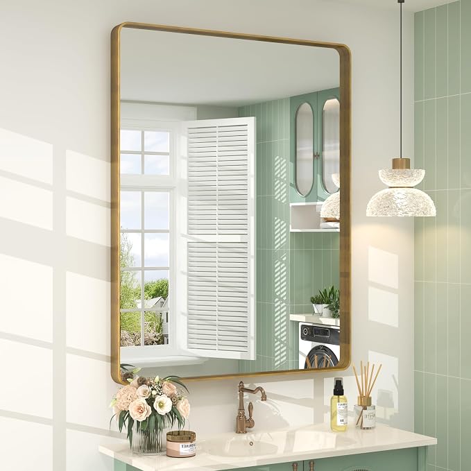 28x36 Gold Framed Mirror for Bathroom, Brushed Gold Mirror with Metal Frame, Modern Rectangle Brass Vanity Mirror for Wall, Shatterproof, Anti-Rust (Horizontal/Vertical)