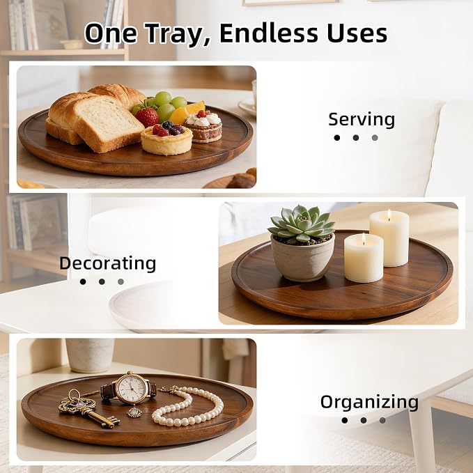 Round Acacia Wood Tray, Non-Slip Wooden Candle Tray for Coffee Table, Bathroom Vanity & Countertop, Decorative Wooden Tray for Home Décor Organizer- 11.8 Inch Diameter