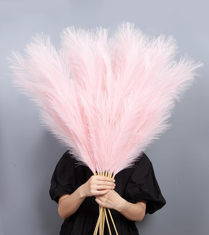 9 Pcs 45" Tall Pampas Grass Pink Decor, Long Stem Artificial Flower Floor Vase Large Faux Floral Pompas Fake Plants Dried Bouquet Arrangement Vase Filler for Boho Home Wedding Decoration