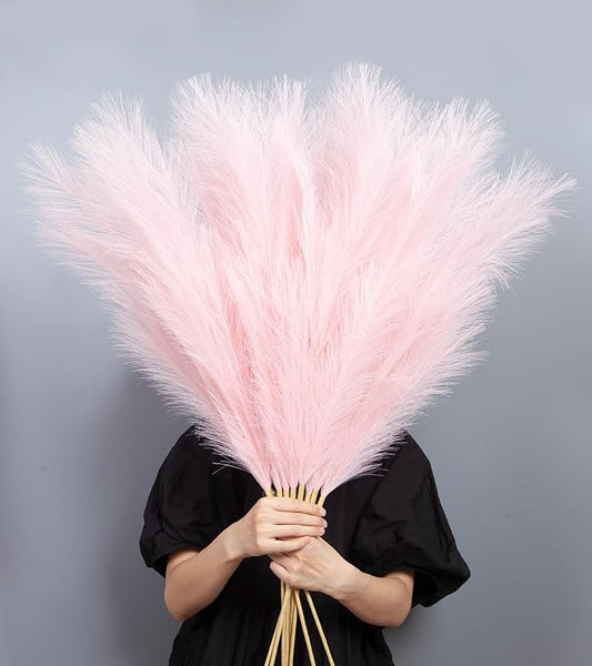 9 Pcs 45" Tall Pampas Grass Pink Decor, Long Stem Artificial Flower Floor Vase Large Faux Floral Pompas Fake Plants Dried Bouquet Arrangement Vase Filler for Boho Home Wedding Decoration