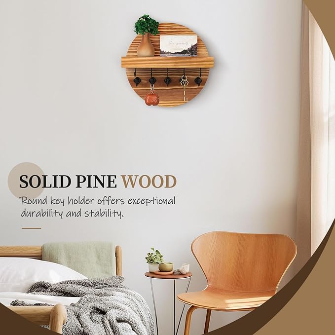 Nekon Key Holder Wall Mount, Key and Mail Organizer for Wall, 9.8 Inch Round Wooden Rustic Wall Organizer for Entryway, Hallway, Kitchen, Office (Light Brown)