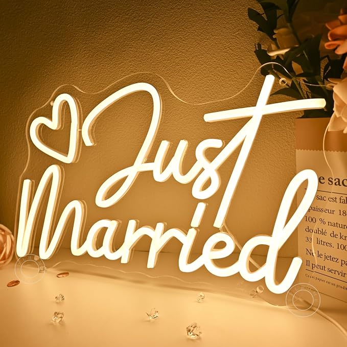 SYLHOME Just Married Led Neon Light Sign Heart Wedding Bridal Shower Backdrop Bedroom Wall Sign Decor Engagement Proposal Party Light Up Sign 15.75" X 9.25" USB