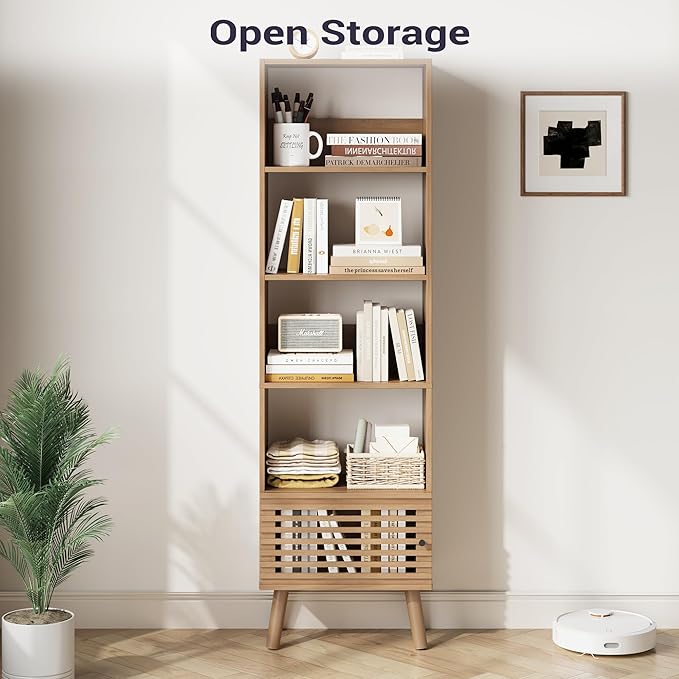 Open Shelf Cube Bookcase, 68" Tall Freestanding Bookshelf, Slatted Door Narrow Corner Bookcase with 5 Cubes, Mid-Century Modern Display Storage Cabinet for Living Room, Home Office, Oak