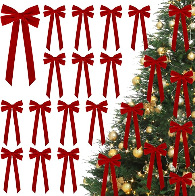 JOICEE 15Pcs Red Velvet Bows, 5in x 12in Christmas Tree Wreath Bows Rustic Crafts Gift Ribbon Bows for Christmas Indoor Outdoor Decorations Birthday Party Wedding Holiday Decor