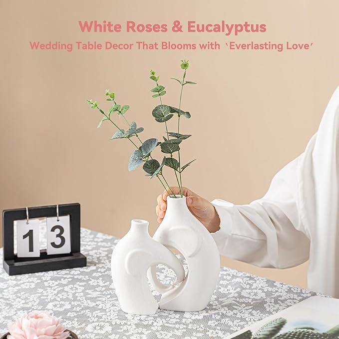 Elephant Couple Vase Set - 2-Piece White Ceramic Vases with Heart-Shaped Trunk Design, Romantic Gifts for Couples, Wedding Gift for Couple, Decorative Vase for Living Room/Dresser