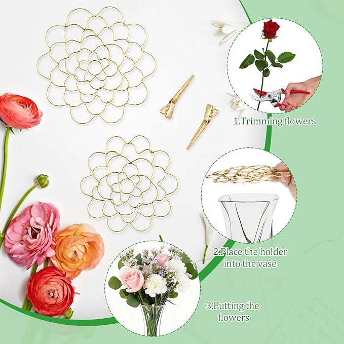 3Pcs Flower Arrangement Holder Set- Stainless Steel Floral Grid Organizer - Wire Frog Insert for Vases Bouquets DIY Home Decor(Gold)
