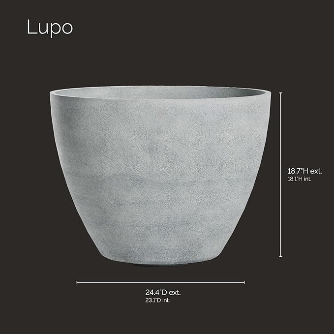 Lupo Tapered Planter – Concrete Stone Finish – Fiberglass Indoor/Outdoor and Weather-Resistant Medium Planter (24.4" D x 18.7" H Exterior, 23.1" D x 18.1" H Interior)