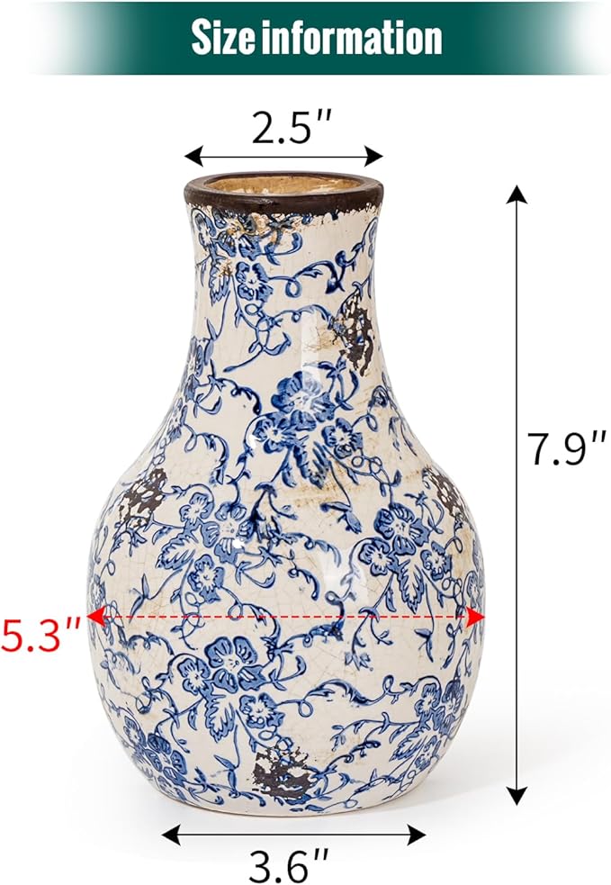 Sungmor Blue and White Ceramic Flower Vase, Vintage Ice Cracked Glaze Porcelain Vase, Pretty Centerpieces Flower Arrangement Vase for Home Decor, 8.2 Inch Decorative Vases for Table, Shelf, Mantel