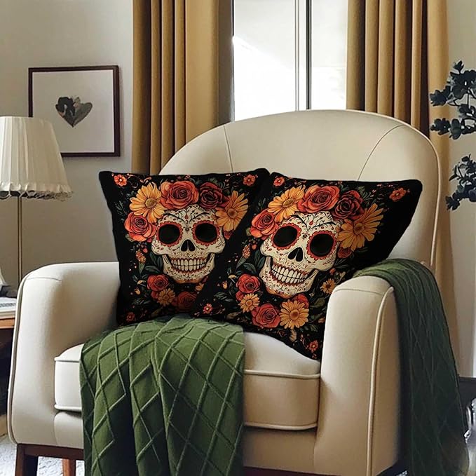 Sugar Skull Throw Pillow Covers 18x18 Set of 2, Mexican Day of The Dead Pillowcase for Sofa and Couch, Chirstmas Decorative Square Cushion Cases for Living and Bed Room