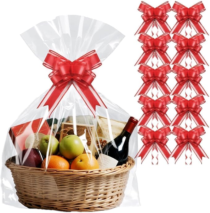 PigPotParty 24"x30" Clear Cellophane Gift Bags - Includes Bows – 10 Pack Large Cellophane Wrap for Gift Baskets, Plastic Gifts Bags for Gift Giving