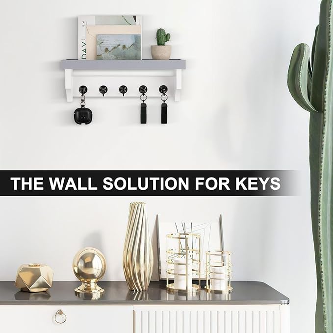 Lucundm Key and Mail Holder Wall Mount, Key Holder with Shelf and Mail Organizer Wall Mount. Mail Holder with 5 Hooks for Coat, Dog Leash, Home Decor Rack, Entry Way Organizer (Gray & White)