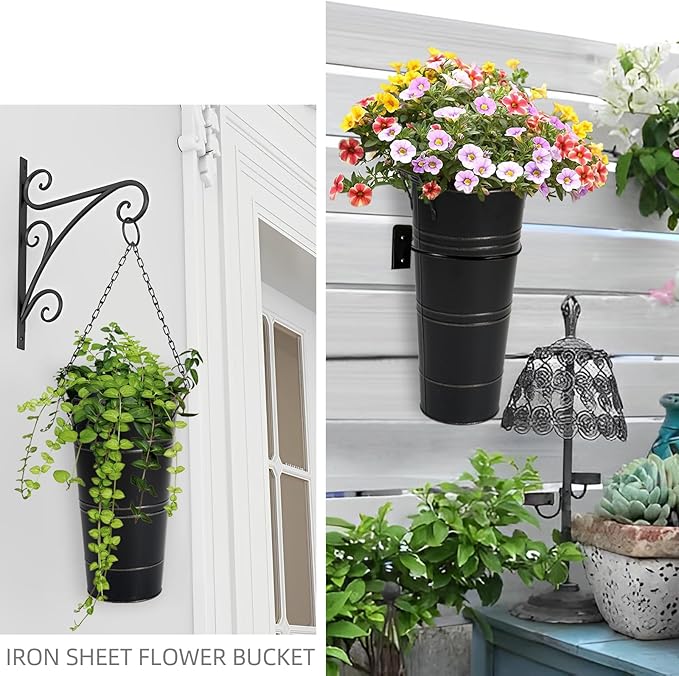 Notakia 10.62 Inch Galvanized Metal Vases Farmhouse French Flower Bucket Vases for Cut Flowers for Home Decor and Wedding Table Centerpiece Decorations (Medium Size Black 8Pcs)