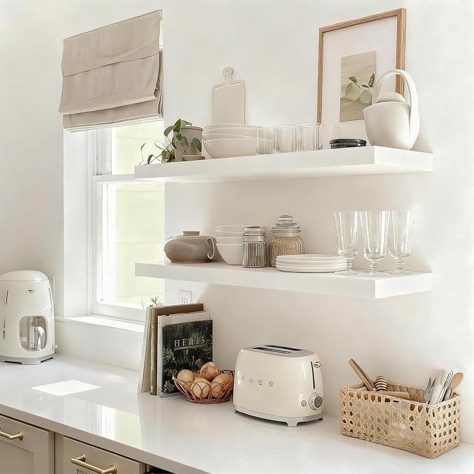 Floating Shelves for Wall, Bathroom Shelves Over Toilet, Wall Shelves & Book Shelf for Room, Hanging Shelf, Modern Wooden Mounted Floating Shelves, 36x7x1.5 in (White, Set of 2)