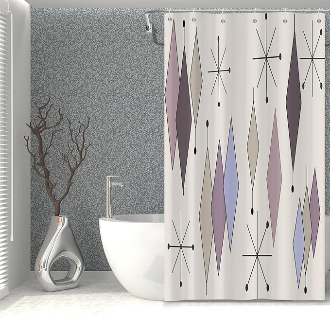 Mid Century Shower Curtain Abstract Purple Diamond Geometric Atomic Starburst Pattern Beige Backdrop for 1950s Retro Bathroom Decor Accessories Shower Curtain Set with 12 Hooks, 36x72 Inches