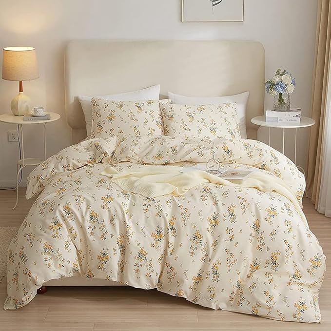 HighBuy 3 Pieces Duvet Cover Full Size White Duvet Cover with Green Floral Print,Soft Cotton Comforter Cover Boho Style,Aesthetic Full Bedding Set with Zipper Closure 4 Ties,All Season