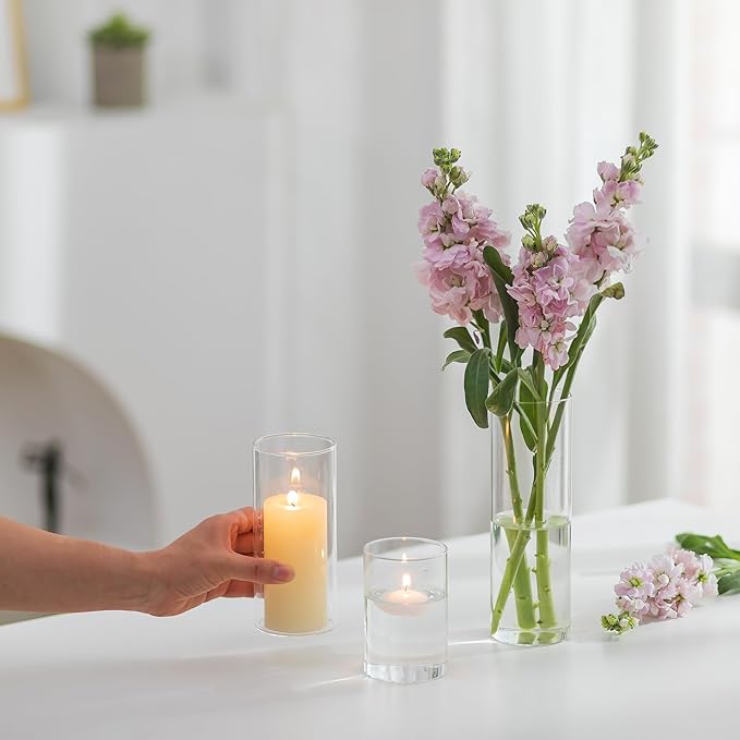 Glass Cylinder Vases Set of 24, Hewory Tall Clear Vase for Centerpieces, Glass Hurricane Candle Holders for Pillar Floating Candles, Round Vases for Wedding Events Table Decor, 2.6” in Diameter