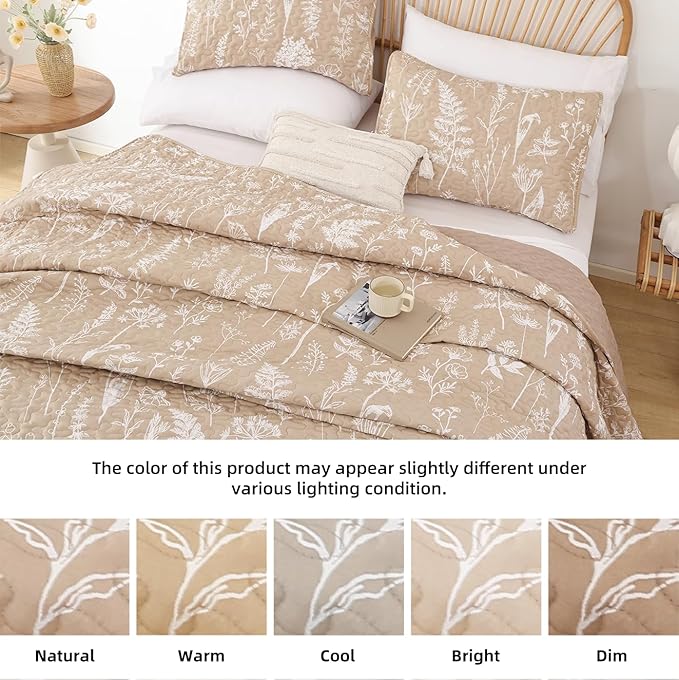 JANZAA Quilts Queen Size Taupe Quilt Botanical with Floral Pattern Microfiber Bedspreads Queen Size 3 Pieces Lightweight Comforter Reversible Bedding Set with 2 Pillow Cases