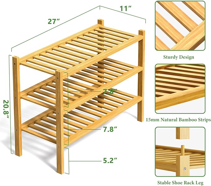 RONGJlA 3 Tier Bamboo Shoe Rack for Closet Free Standing Wood Shoe Shelf Storage Organizer for Entryway Small Space Stackable, Natural