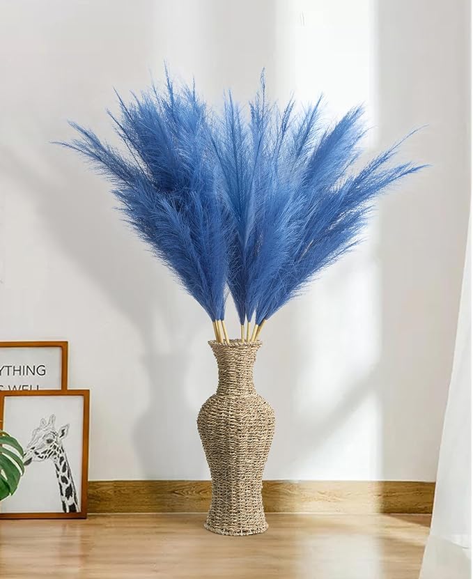 9 Pcs 45" Tall Pampas Grass Blue Decor, Long Stem Artificial Flower Floor Vase Large Faux Floral Pompas Fake Plants Dried Bouquet Arrangement Vase Filler for Boho Home Wedding Decoration