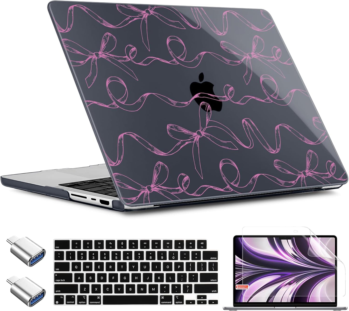 TWOLSKOO MacBook Pro 14 Inch Case - Sparkly Bows Design with Hard Shell, Keyboard Cover & USB Adapter