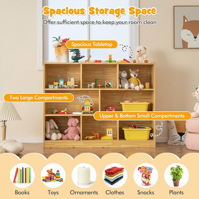 KOTEK Toy Storage Organizer, 8 Cubby Kids Bookshelf, Wooden 4-Tier Bookcase Storage Cabinet, Open Display Book Shelf for Daycare, Nursery, School Classroom, Living Room & Bedroom (Burlywood, 8 Cubes)