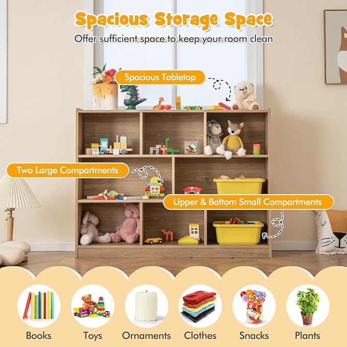 KOTEK Toy Storage Organizer, 8 Cubby Kids Bookshelf, Wooden 4-Tier Bookcase Storage Cabinet, Open Display Book Shelf for Daycare, Nursery, School Classroom, Playroom & Living Room (Natural, 8 Cubes)
