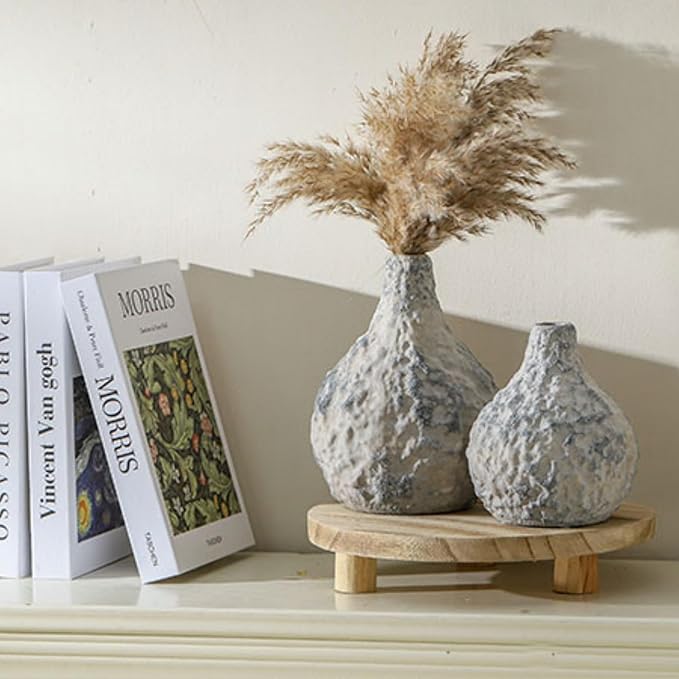 Stone Vases, Ceramic Bud Vase Set of 2 Minimalist Vases for Pampas Grass,Modern Vase for Wabi Sabi Home Decor, Shelf Decoration，Fireplace Decor,Coffee Table Decor