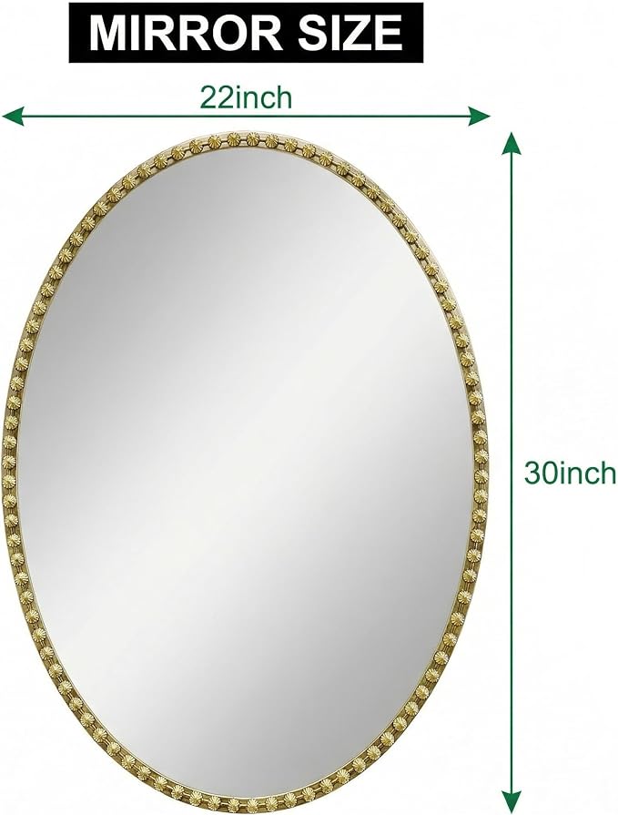 Gold Oval Bathroom Mirror, 22x30 Inch Floral Oval Mirrors for Wall, Antique Gold Metal Floral Frame Mirrors for Bedroom Living Room Hallway, Hangs Horizontally or Vertically