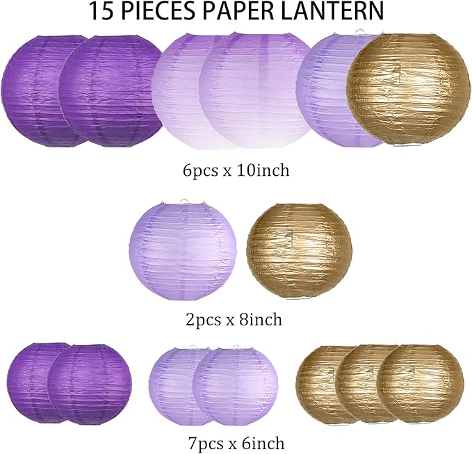 Paper Lanterns Decorative, Gradient Purple Round Hanging Paper Lantern Decorations for Purple Birthday Decorations Bachelorette Gender Neutral Baby Shower, 15Pcs