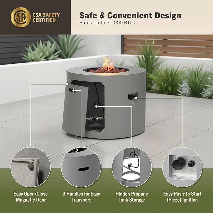 32 Inch Propane Fire Pit Table, 50,000 BTU Round Outdoor Fire Table, Alloy Steel Gas Fire Pits with Waterproof Cover, Lava Rocks and Lid, CSA Certified, for Patio, Deck, Backyard, Gray